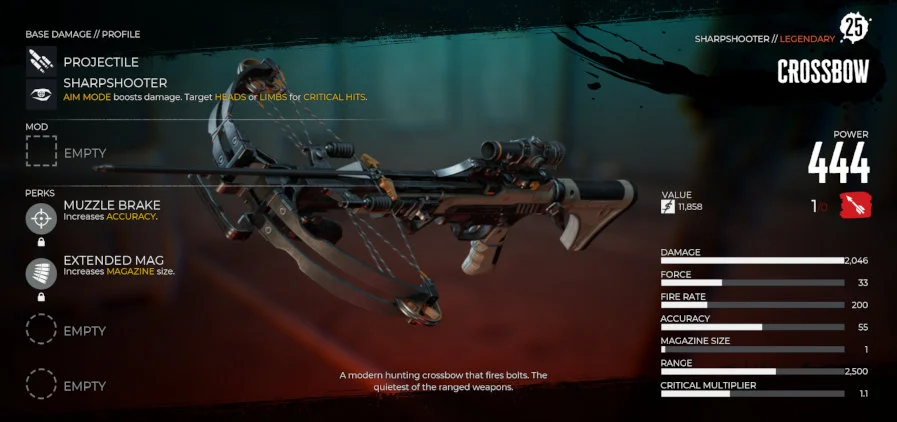 In-game screen with details about the crossbow weapon.