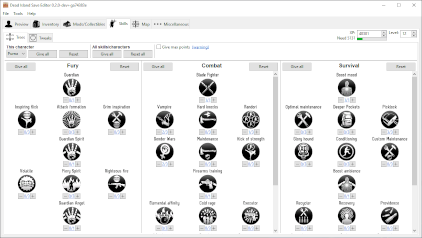 Skills screen allowing easy player skill respecialization, resetting of skill trees and easy tweaks that can be toggled on and off.