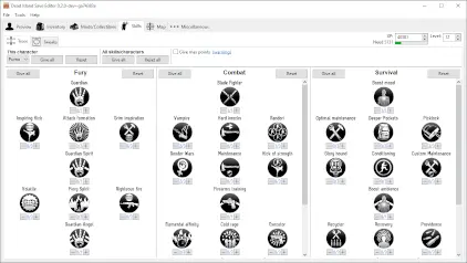 Skills screen allowing easy player skill respecialization, resetting of skill trees and easy tweaks that can be toggled on and off.