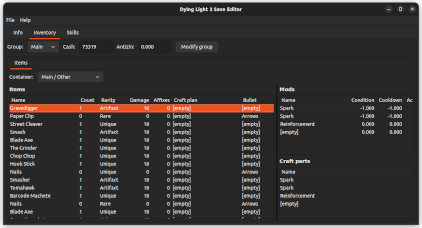 Inventory editor view with a list of inventory items.